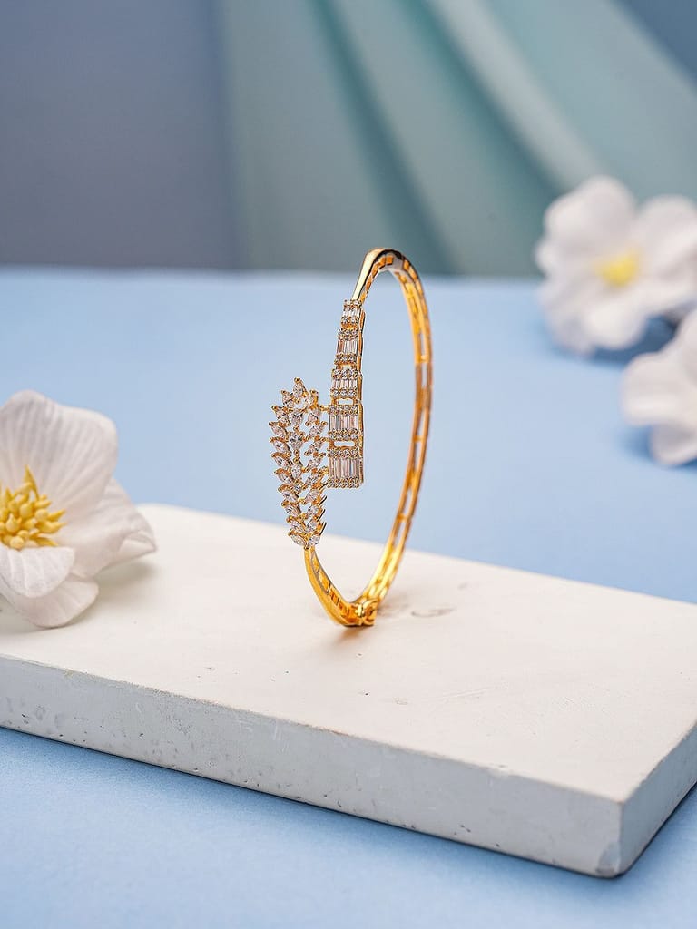 Gold Plated Cubic Zirconia Studded Leafy Minimal Bangle Bracelet - Bangles & Bracelets | Buy online on ZillyBuy
