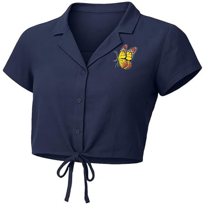 EqualLife Crop Top Shirt for Women-with Tie-Up Front, Button Down-Butterfly Front Print-EQCT900113