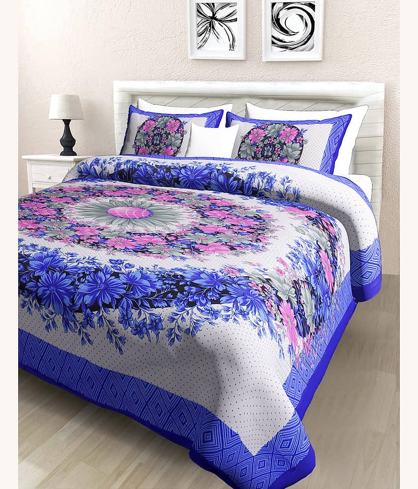Poorak Cotton 1 Double Bedsheet with 2 Pillow Covers ( Blue )