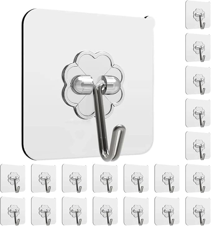 Rudra Adhesive Stronger Plastic Wall Hooks Hangers, Waterproof Stick for Kitchen Bathroom Shower Door Outdoor Home Improvement Utility Hook -20 Pcs Transparent