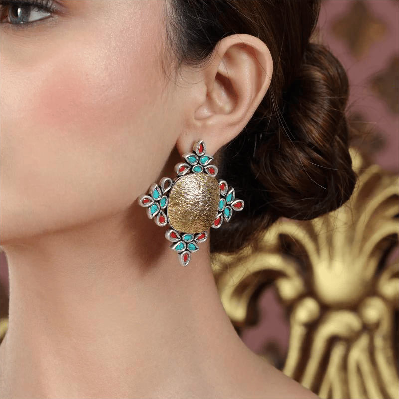 Women Yellow Dual Tone Square Studs