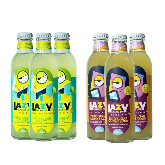 Lazy Cocktails Zero Sugar Combo |3X Whiskey Sour & Mojito | 3X Mocktail & Cocktail Mixers | 12 Servings | Non-Alcoholic Drinks (6 * 250ml)