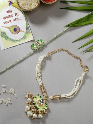 NVR Unisex Set of 2 Green Lotus Shape Kundan-Studded & Beaded Handcrafted Wraparound Rakhi Set With Roli Chawal-Freesize / Green / Brass