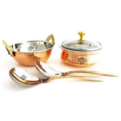 IndianArtVilla Set of S/C D/W Hammered Handi No.2,Glass Lid No.2,Kadhai No.2,Serving Spoon x2,5 Pieces