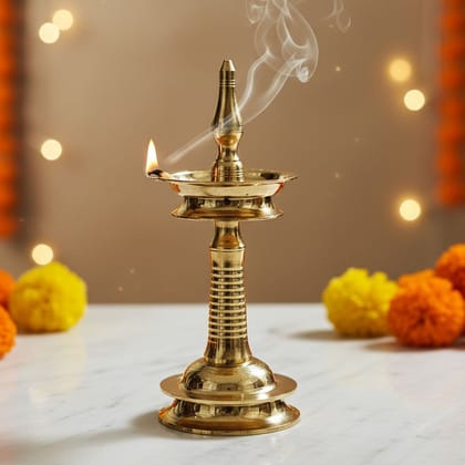 Brass Kerala Fancy Deepak | Traditional Round Oil Lamp, Height : 14.5 Inch (FMAS791 I)