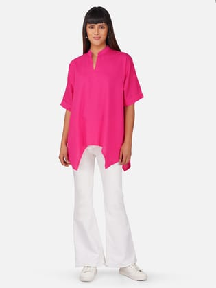Hot Pink V-Neck Cotton Slub Kaftan Top-S