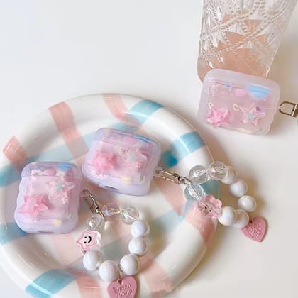 Cute Pink Stars Wavy Silicone Airpod With Lanyard-Airpod (1st Gen / 2nd Gen)