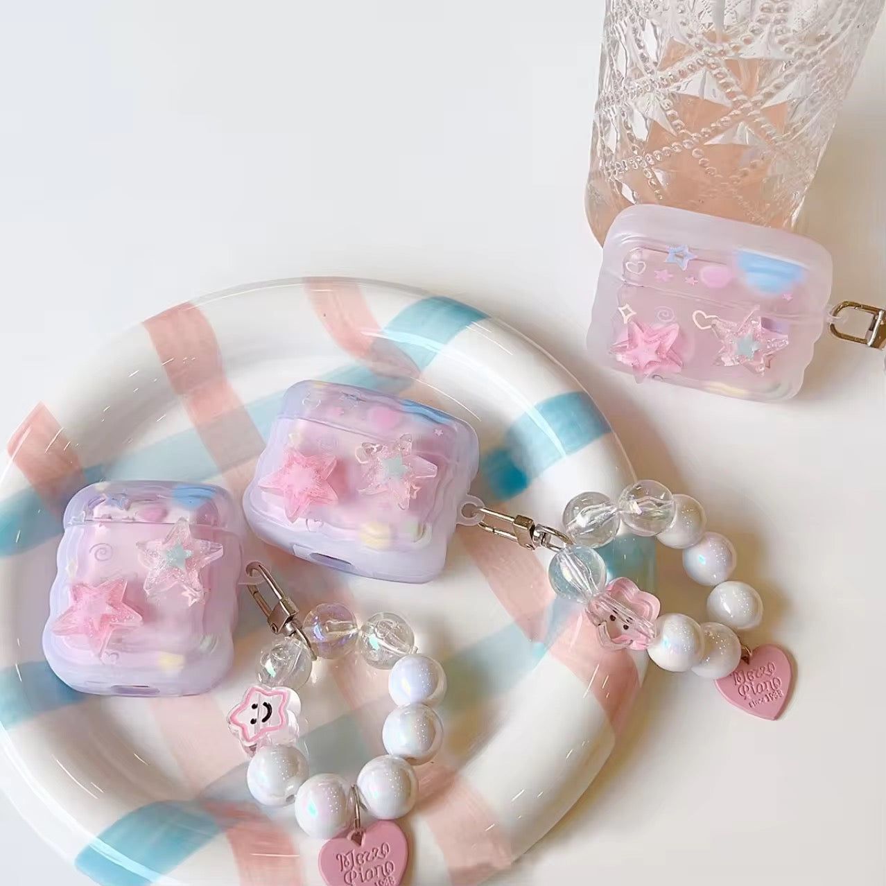 Cute Pink Stars Wavy Silicone Airpod With Lanyard-Airpod (1st Gen / 2nd Gen)