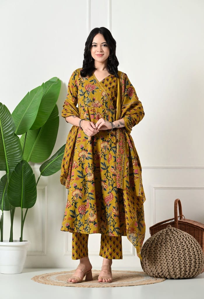 Angrakha Style Anarkali 12-Kali Kurta Set with Dupatta | Handcrafted with Elegant Badla Work