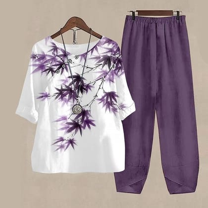 Breezy Botanical Print Co-ord Set in White and Purple-S / Purple