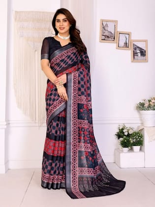 Shiv Textiles Women's Linen Cotton Saree with Zari Border in Black Color Digital Print Design Party Wear Ethnic Drape Includes Unstitched Blouse Piece Breathable Fabric Traditional Indian Fashion
