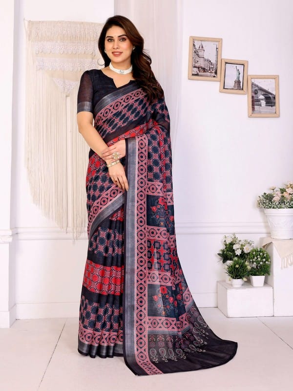 Shiv Textiles Women's Linen Cotton Saree with Zari Border in Black Color Digital Print Design Party Wear Ethnic Drape Includes Unstitched Blouse Piece Breathable Fabric Traditional Indian Fashion