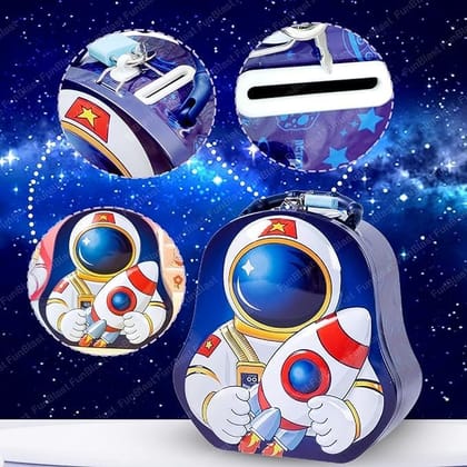Space Theme Metal Piggy Bank for Kids | Money Saving Tin Coin Bank with Lock (Blue)