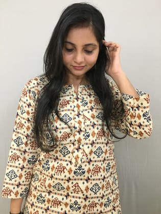 Blue Patola Print Short  Kurti  - Pure Cotton-40 - L