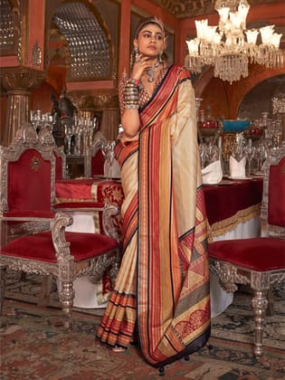 Beige Soft Silk Stripped Patola Saree For Women