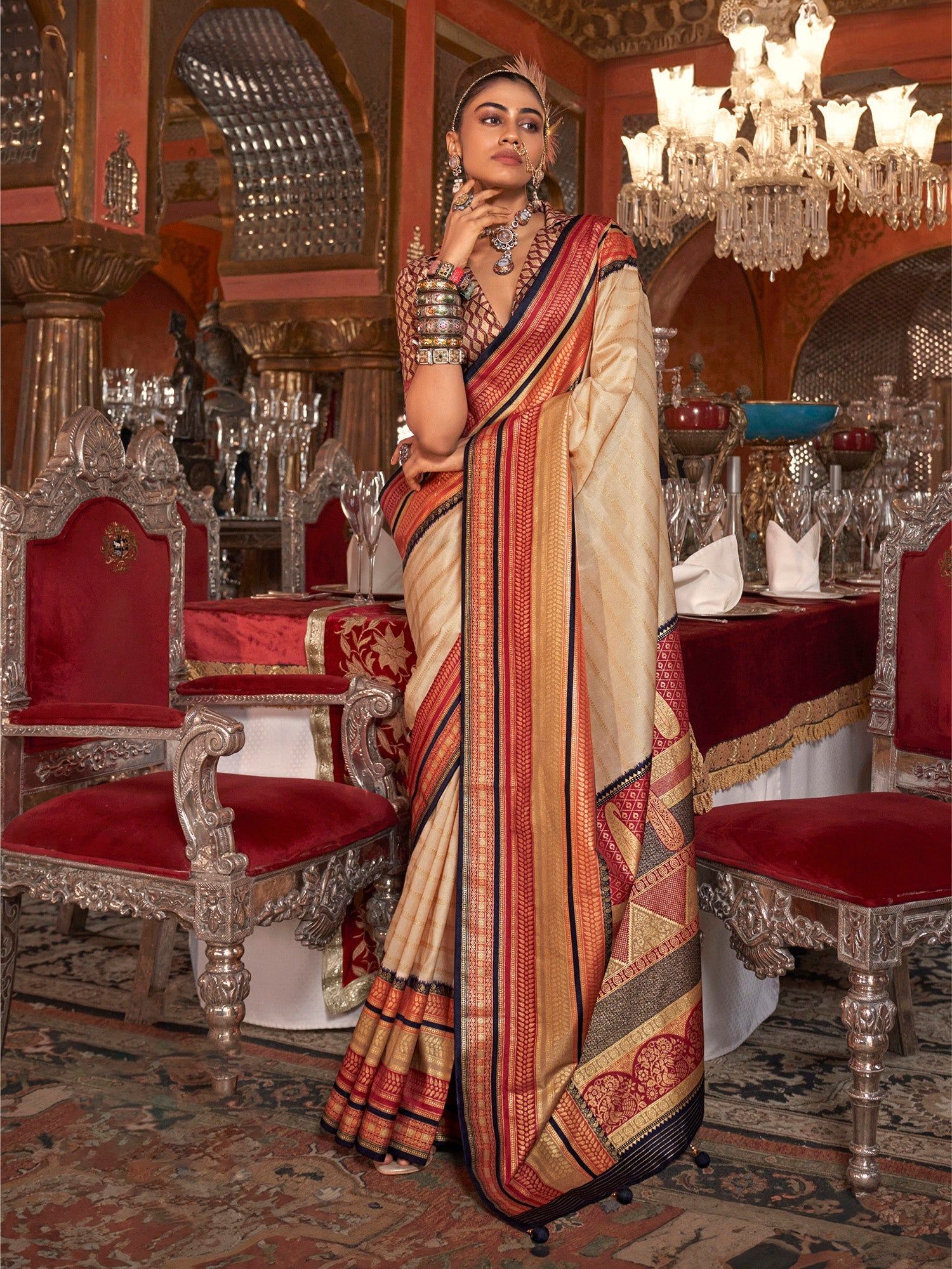 Beige Soft Silk Stripped Patola Saree For Women
