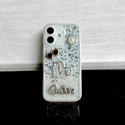 Silver & White Glitter Queen Luxe Bling Case-iPhone 16