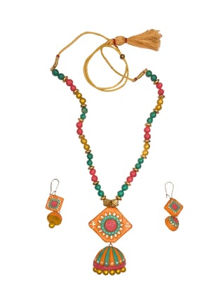SharanyaD BeautifulTerracotta Handmade Jewellery Set with necklace and earring, Women's Contemporary Terracotta Necklace - Barfi Jhumka Orange