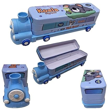 School Blue Train Pencil Box Boys-Compass Box with Wheel, Stylish School Bus Pencil Box for Boys, Pencil Box Bus Toys for Kids 3+ Years can Also be Used as Kids Geometry Box