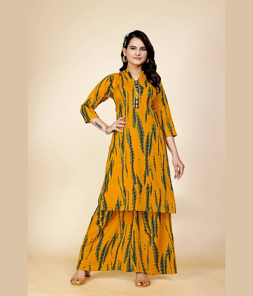 VANVAAM Women Printed A-line Kurti With Palazzo ( Mustard )