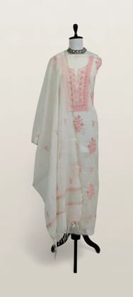 Chikankari Mul Chanderi Dress Material White Pink Floral