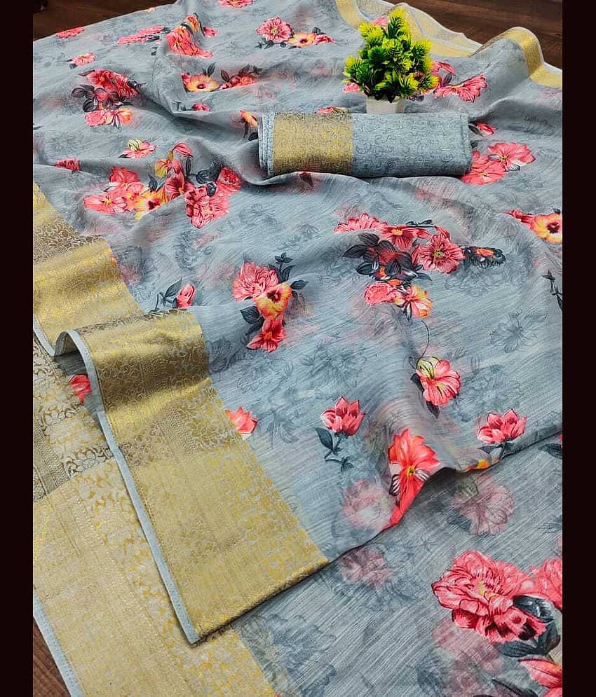 Kanooda Prints Linen Printed Saree With Unstitched Blouse Piece ( Grey )