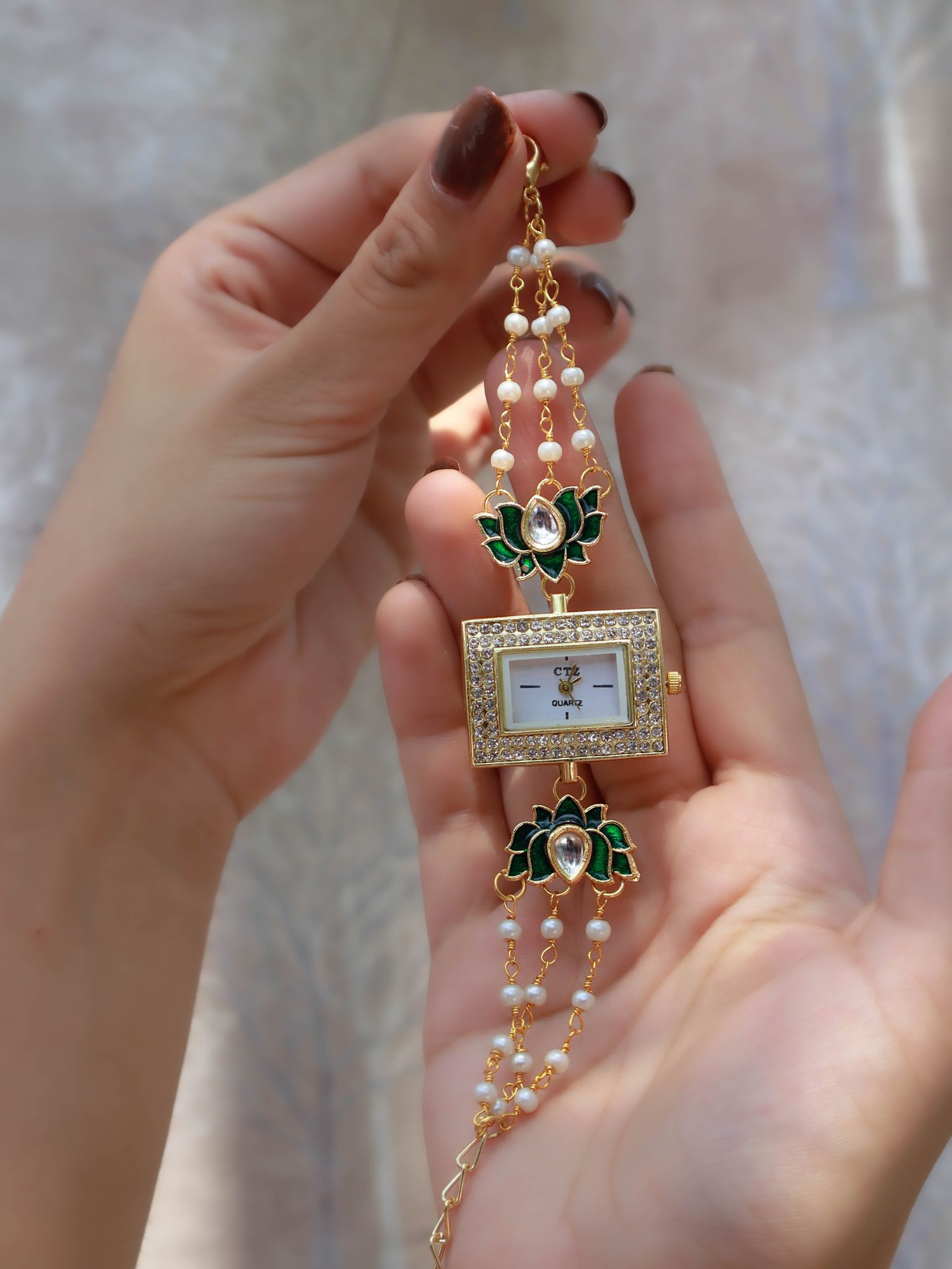 Mayflower Green Kundan Wrist Watch-Green