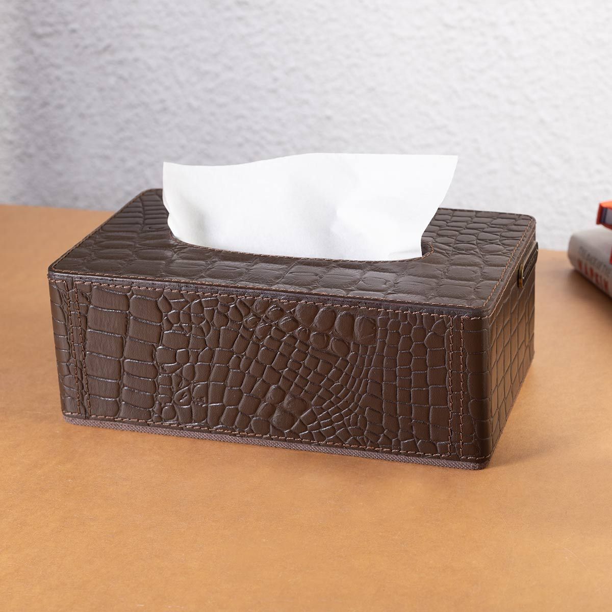Eden Tissue Box In Genuine Croco Leather Brown-Brown