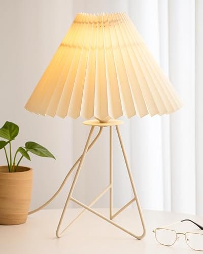 Metal Table Lamp with Fabric Shade, Bedside Lamp Gift Housewarming Home Living Room, Pleated Shade (Off-White)