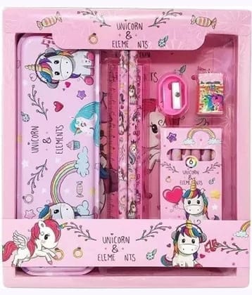 Freedy  Unicorn 12pcs Stationery Set with Unicorn Pencil Eraser Color Scale Pencil Box Unicorn Geometry Combo School Stationery Set Unicorn Stationery Kit for Kids Best Return Gift Set PINK