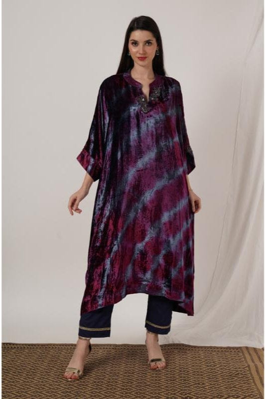 Wine Pink & Grey Tie Dye Velvet Kaftan