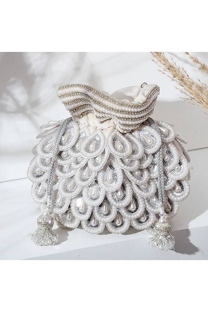 White Suede Pearl Work Potli