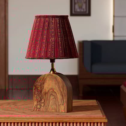 Red Ajrakh Pleated Lamp Shade-10 inches x 10 inches x 8.25 inches / Modal Silk / Madder Red