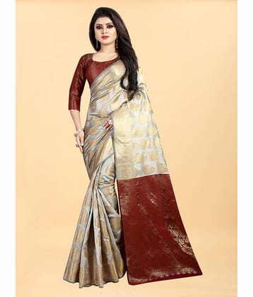 Gazal Fashions Banarasi Silk Embellished Saree With Unstitched Blouse Piece ( Cream )