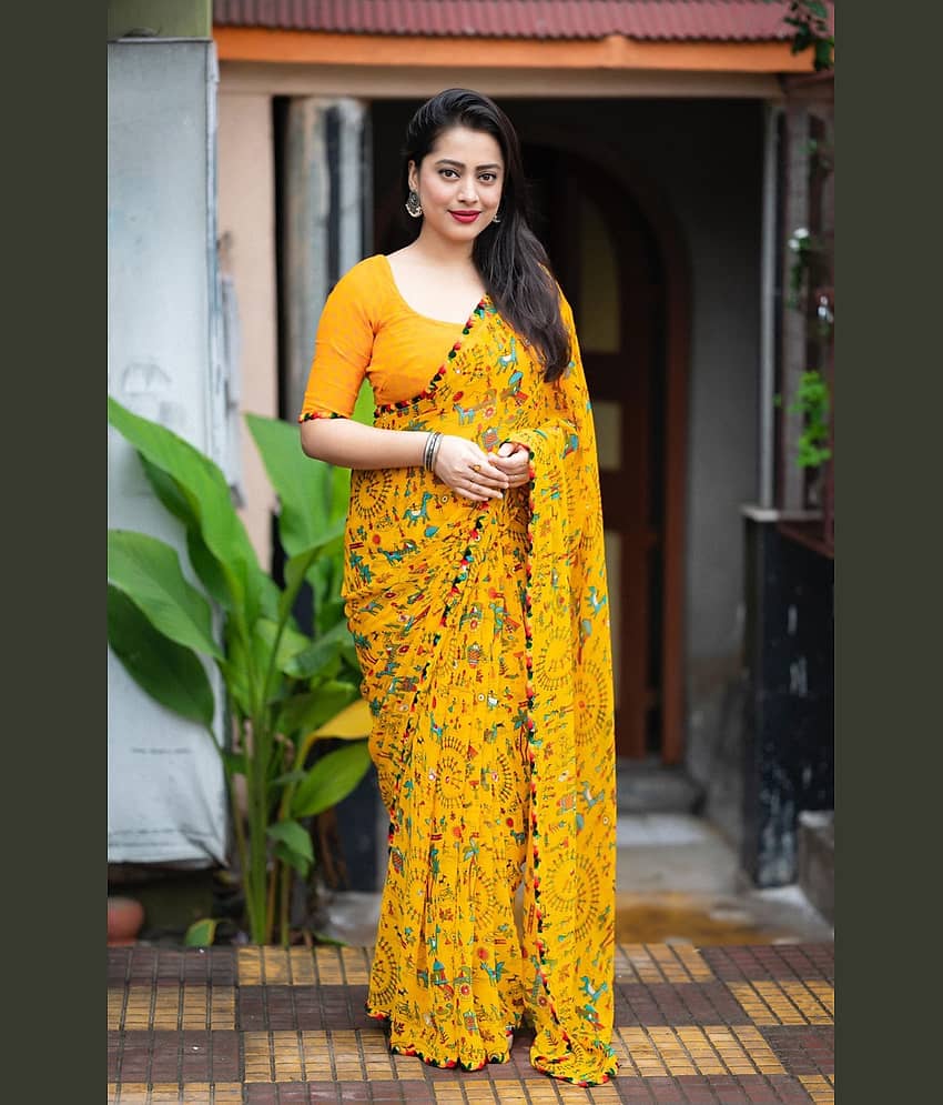 Rangtulika Ethnics Georgette Printed Saree With Unstitched Blouse Piece ( Yellow )