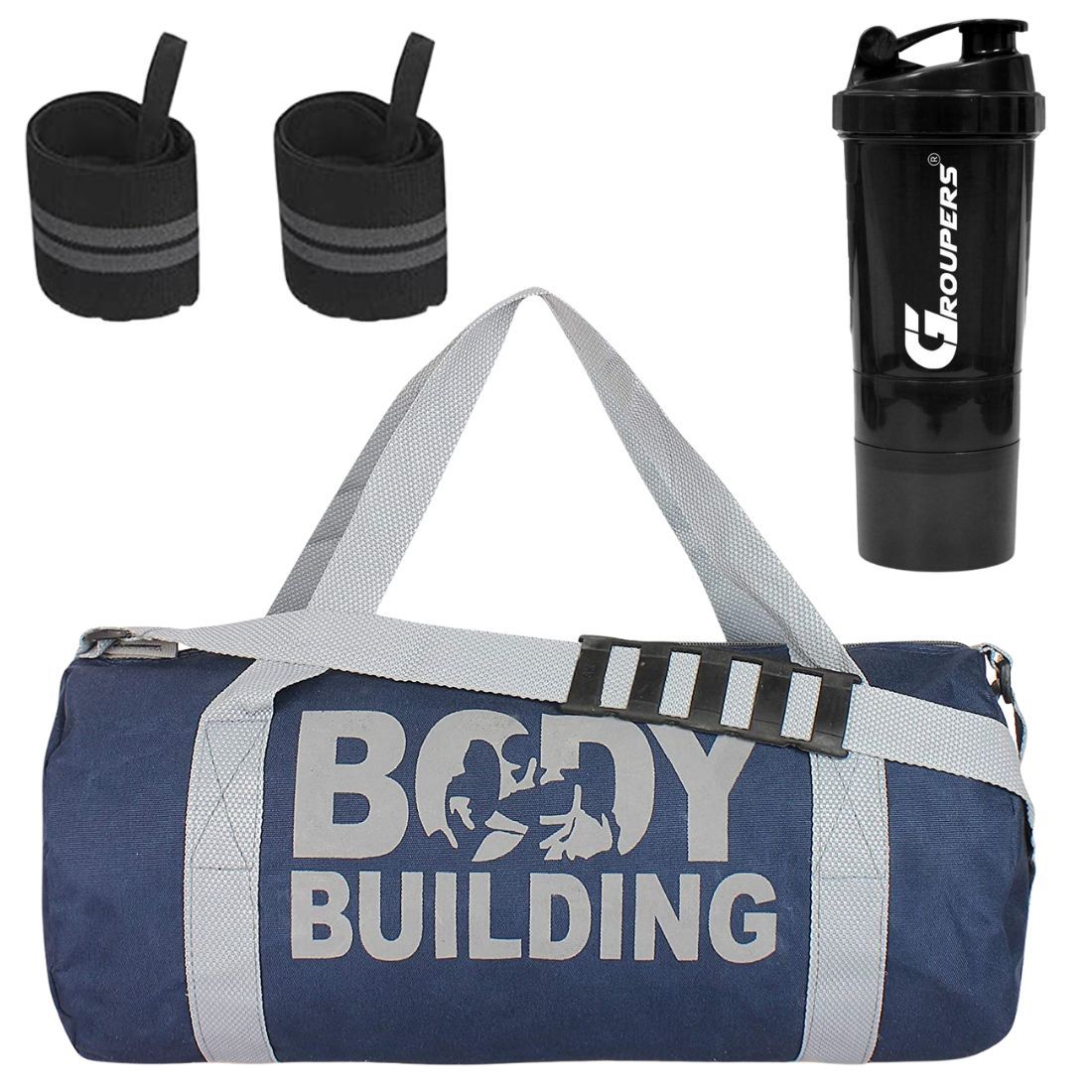 GROUPERS Duffle Canvas Bag with Shaker Bottle-500ml & Wrist BandlSports & Travel BaglSports Kitl (Blue)
