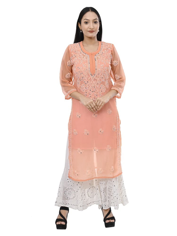 MRS RIGHT CHIKANKARI MIRROR EMBROIDERED KURTI SHARARA SET FOR WOMEN AND GIRLS