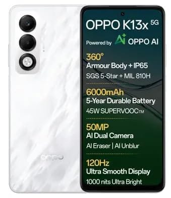 OPPO K13x 5G 6000mAh and 45W SUPERVOOC Charger & AI (Mist White, 128 GB) (6 GB RAM)