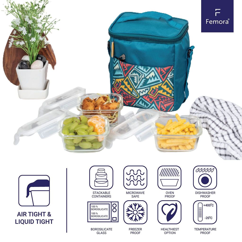 Femora Borosilicate Glass Microwave Safe Rectangle Container Multipurpose Lunch Box for Office, Blue, 400 ml (3 Container-Black)