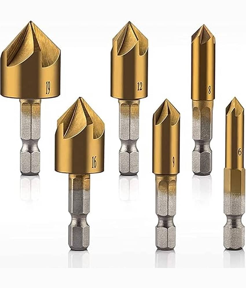 High Speed Steel 6Set Sichumaria Countersink Drill Bit 1/4'' Hex Shank Hss 5 Flute Countersink 90 Degree Center Punch Tool Sets For Wood Quick Change Bit 6Mm-19Mm