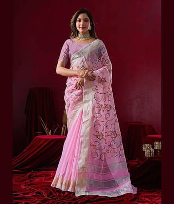 Sidhidata Cotton Silk Embroidered Kota Doria Saree With Unstitched Blouse Piece ( Pink )