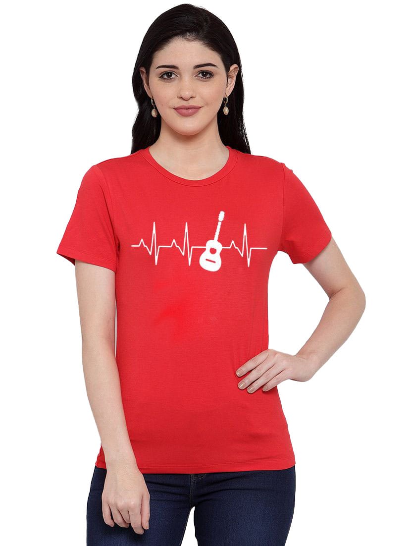 Women's Cotton Blend Bass Guitar Heartbeat Line Art Printed T-Shirt S (Red)