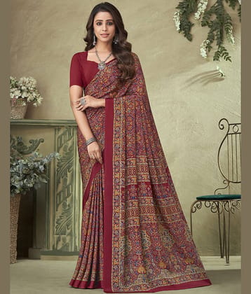 Samah Crepe Printed Saree With Unstitched Blouse Piece ( Pink )
