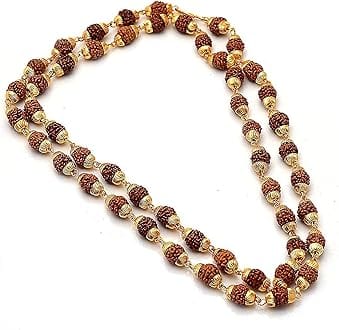 REAL SEED Rudraksha Mala with Gold Plated Brass Cover, Original Authentic Genuine Necklace