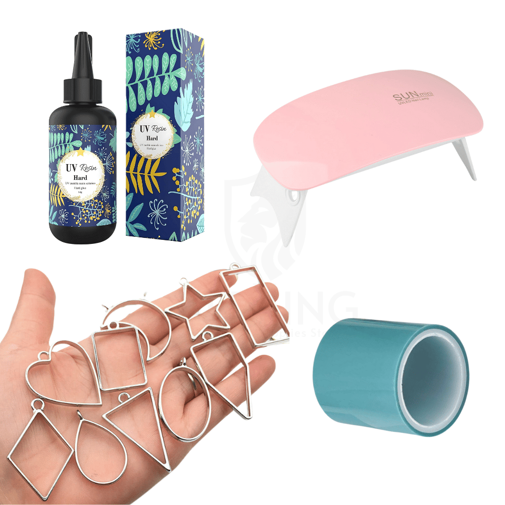 50g UV Resin Keychain & Jewellery Making Craft Kit – Complete DIY Art Set with UV Resin, UV Curing Light, Silver Metal Bezels & UV Resin Tape