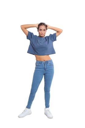 Kinnko Premium Cotton Womens Self textured Blue Solid Crop T-Shirt  Plain