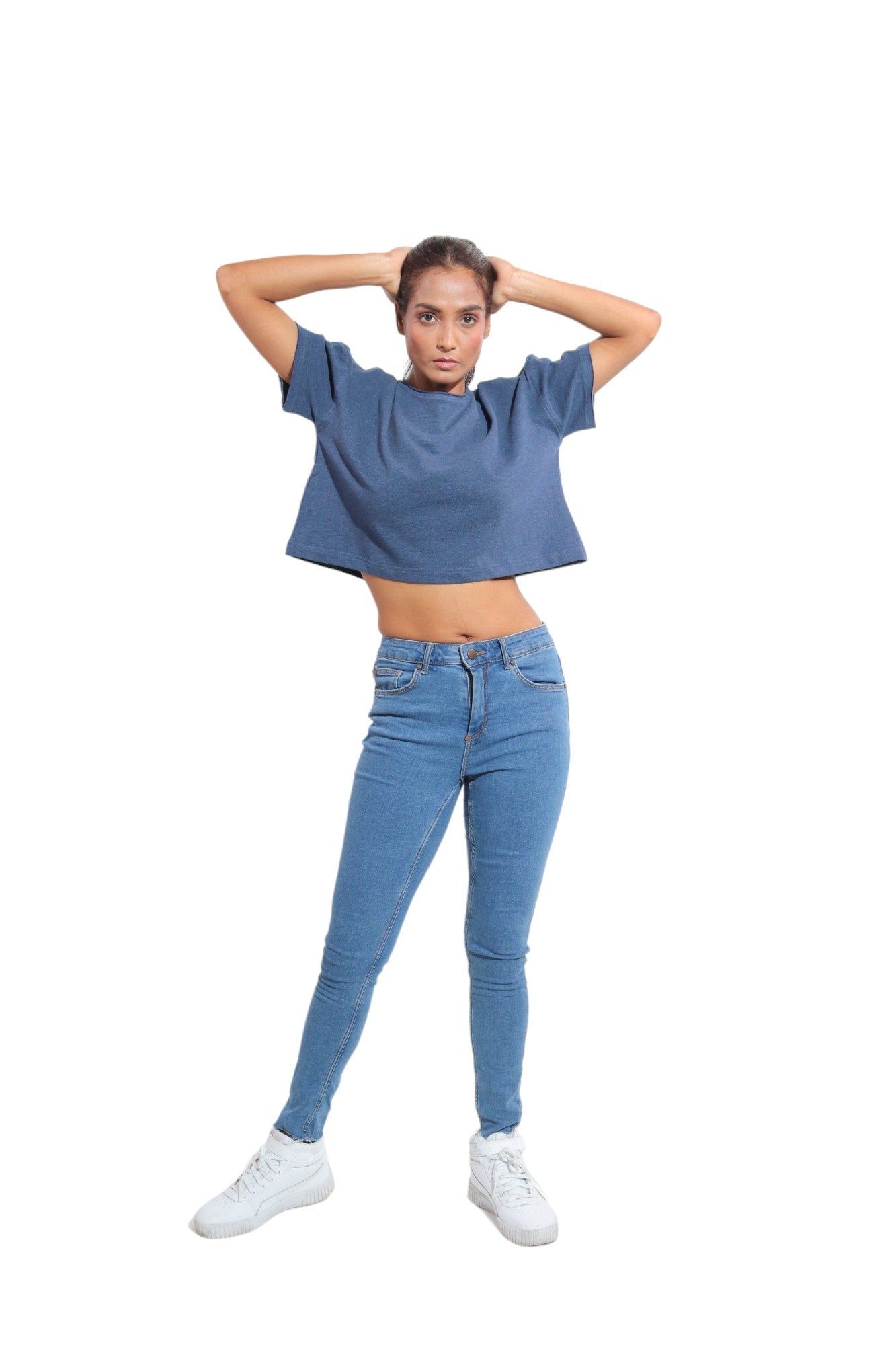 Kinnko Premium Cotton Womens Self textured Blue Solid Crop T-Shirt  Plain