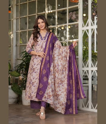 LookMark Women Cotton Printed Straight Kurti With Pants ( Cream )