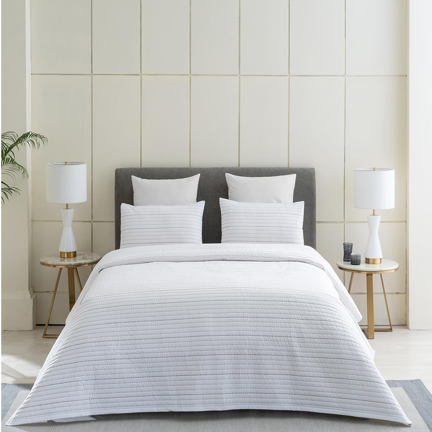 DDECOR - Plush Quilts Collection 100% Cotton Stripe Pattern 180TC King Quilt |264 CM X 274 CM| - White