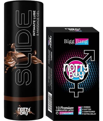 NottyBoy Slide Chocolate Flavoured Lubricant 100ML and 4in1 Dots Ribs Contoured Over Time Condoms - Pack of 2